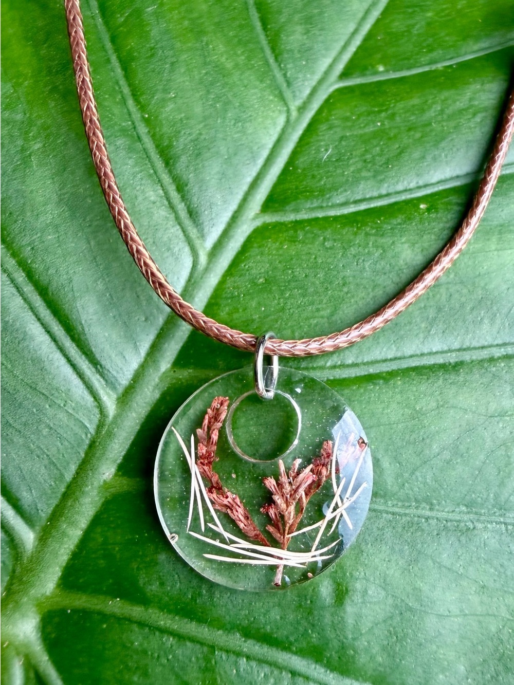 Handmade Clear Resin Pendant Necklace with Dried Botanicals - Brown